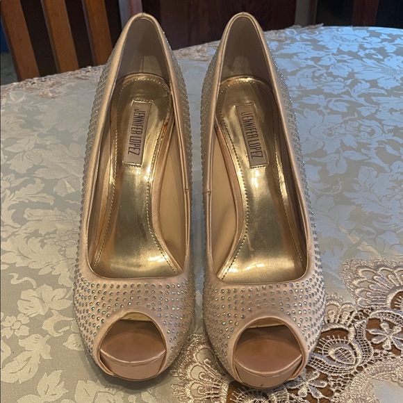 Jennifer Lopez Nude Peep Toe Heels with Rhinestones - Picture 1 of 7